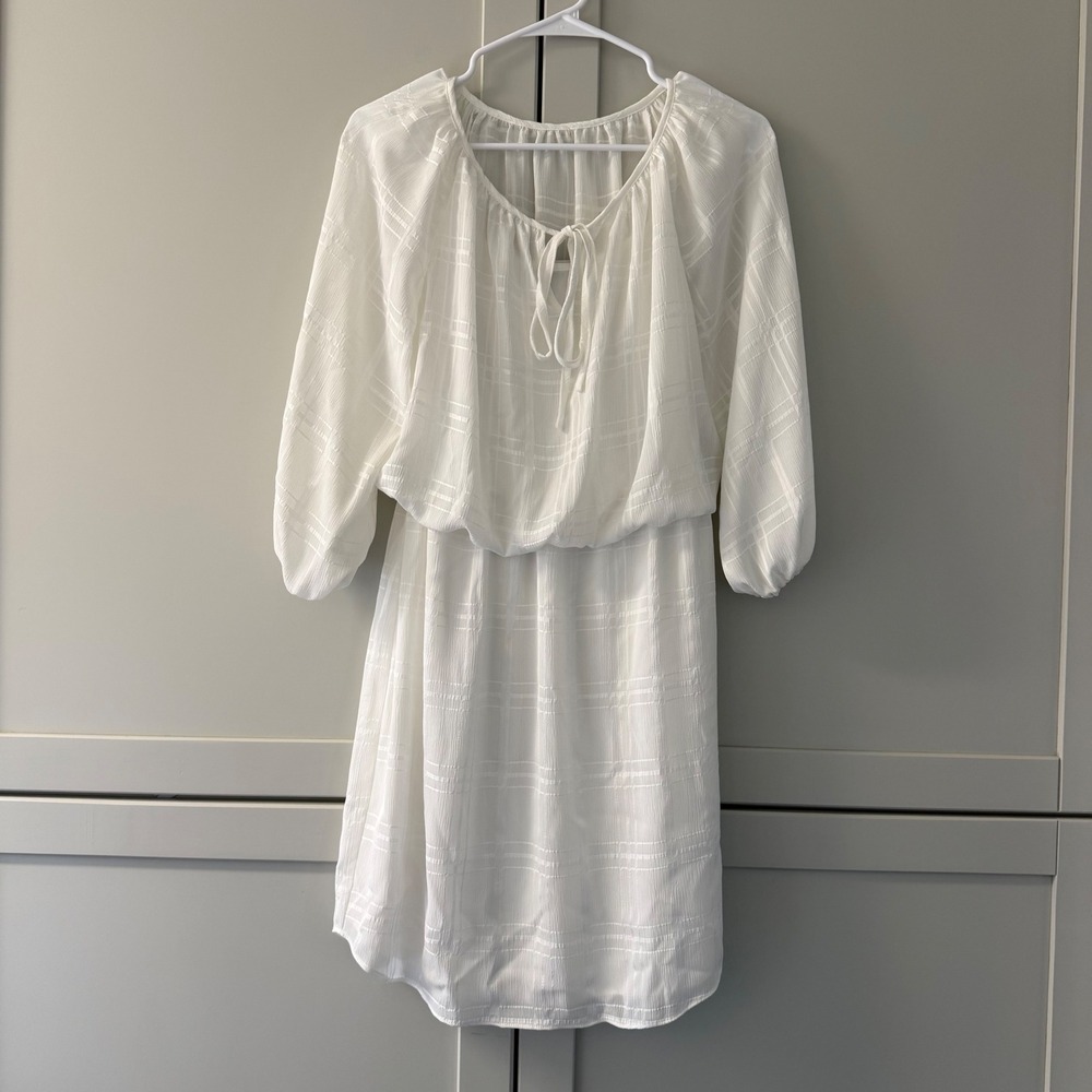 Chaps Womens White Plaid Textured Scoop Neck Elastic Waist Dress Small‎ Peasant